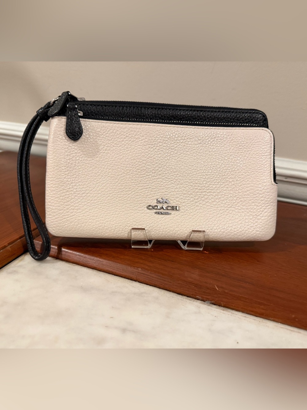 Coach Pebbled Leather Zip Wristlet in Cream with Black Trim